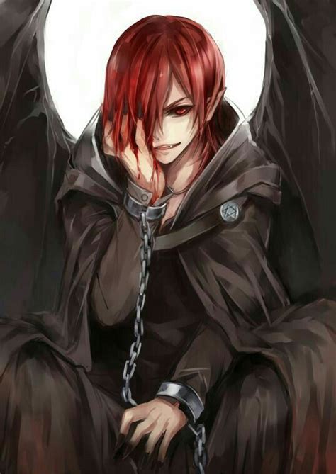 Anime Boy Red Hair Chains Wings Demon Blood Fangs Black Cloak