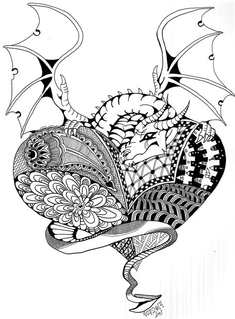 Dragon Love Zentangle Cat Outline Drawing Coloring Pages Dragon