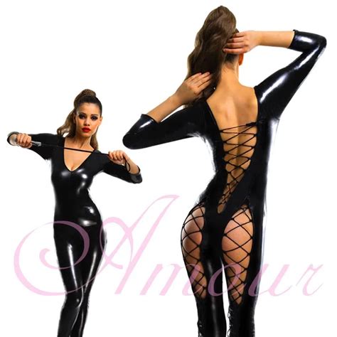 sexy gothic punk black wetlook lace up open back catsuit romper stripper free shipping p7039 on