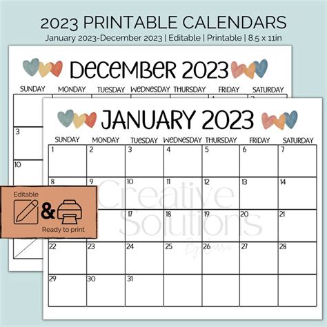 2023 Editable Printable Calendars January 2023 December Etsy