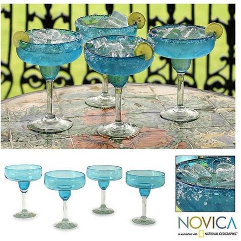 Novica Hand Blown Margarita Glasses Set Of 4 Blue Mexico Margarita Glasses Margarita Glass
