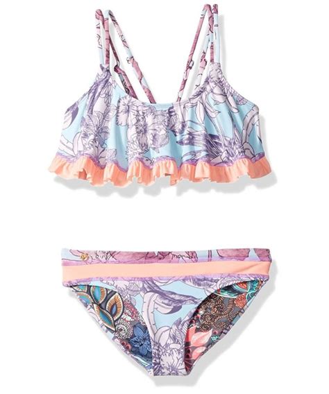 Girls Mixed Print Flounce Top Bikini Swimsuit Set Purple Orange
