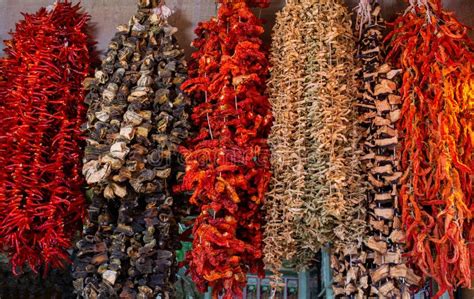 Bundles Of Sun Dried Vegetables Hanging Up At Turkish Bazaar Stock