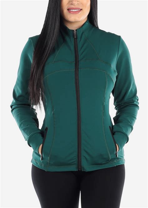 Moda Xpress Womens Long Sleeve Jacket Active Wear Workout Zip Up With Pockets Dark Green