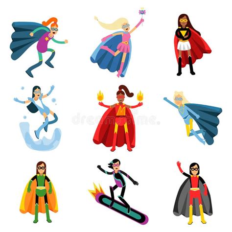Female Superheroes In Different Costumes Set Of Colorful Vector