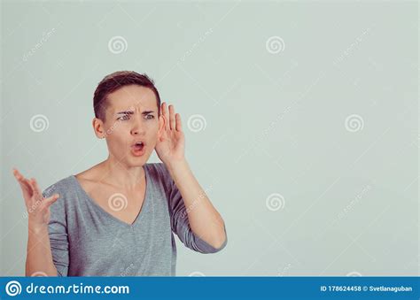 Shocked Surprised Nosy Woman Hand To Ear Gesture Trying Carefully