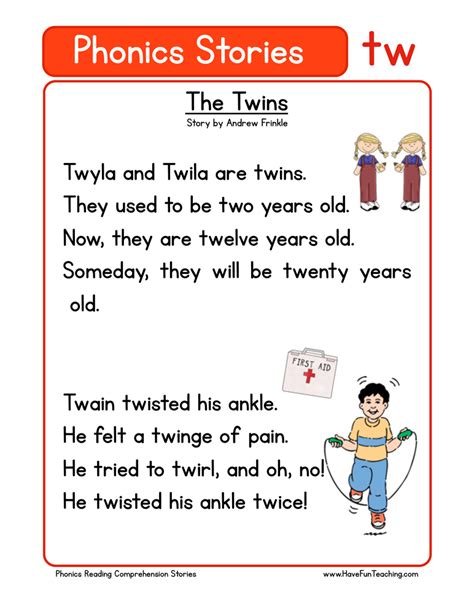 The Twins Tw Phonics Stories Reading Comprehension Worksheet By Teach
