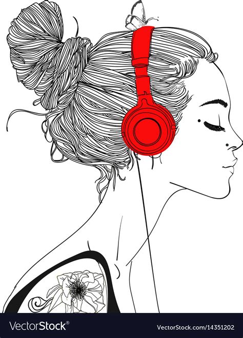 Girl With Headphones Drawing