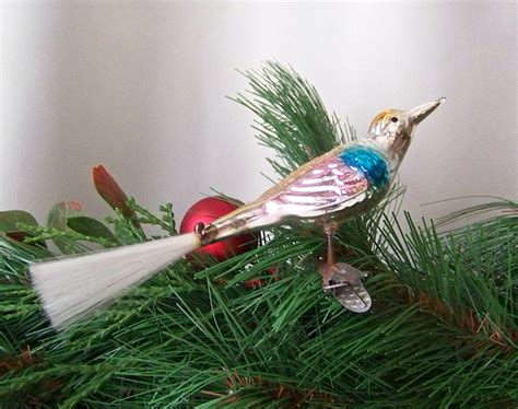 Vintage Clip On Bird Christmas Ornament Spun Glass Tail Glass Bird
