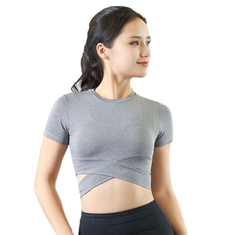 Women Yoga Shirt Quick Drying Elastic Midriff Sexy Sports Short Shirts