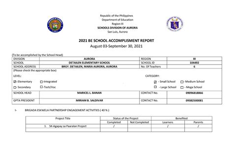 Be Form Brigada Eskwela Accomplishment Report Des Education