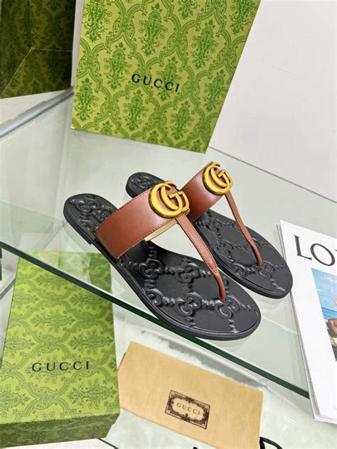 Gucci 497444 Leather Thong Sandal With Double G In Brown