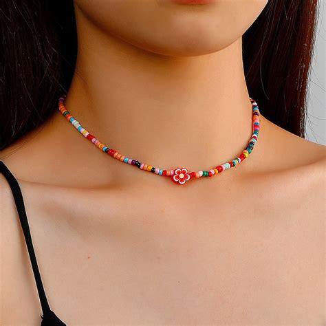 Bohemia Rainbow Necklace Seed Beads Simple Choker Necklace Womens String Beaded Short Choker