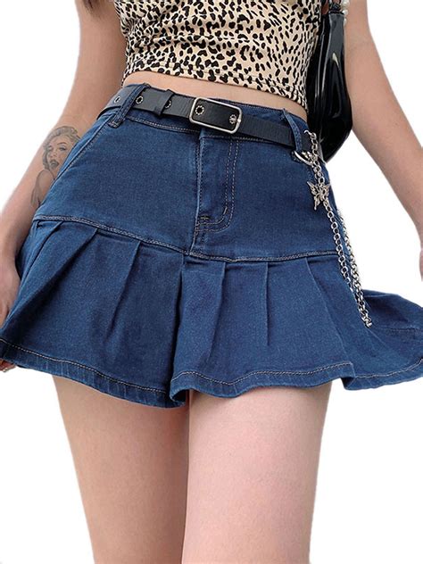 Womens Pleated Denim Skirt With Shorts Lining Slim Fit A Line Denim Short Skirt
