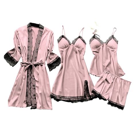 Drindf Women S Lace Nightgown Casual Four Piece Set Loungewear Nightgown Cute Solid Silk Satin