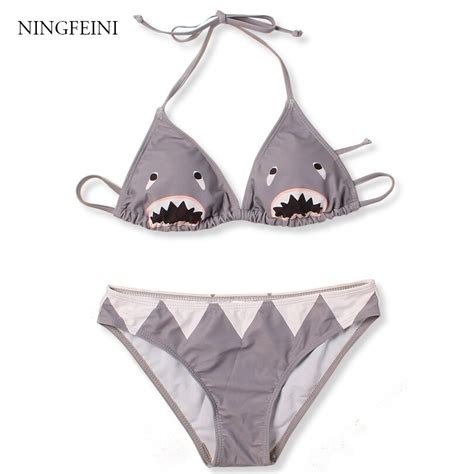 Ningfeini 2017 New Bikinis Set Cute Cartoon Sharks Print Halter Top