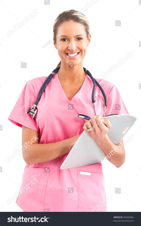 Smiling Medical Nurse Stethoscope Isolated Over Stock Photo 28506082