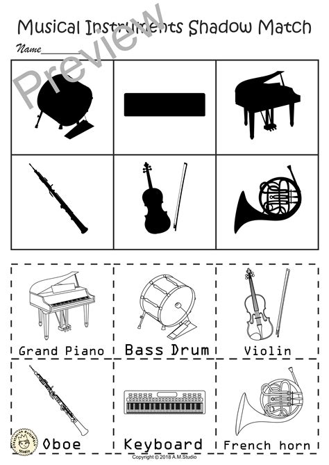 Musical Instruments Shadow Matching Cut And Paste Worksheets