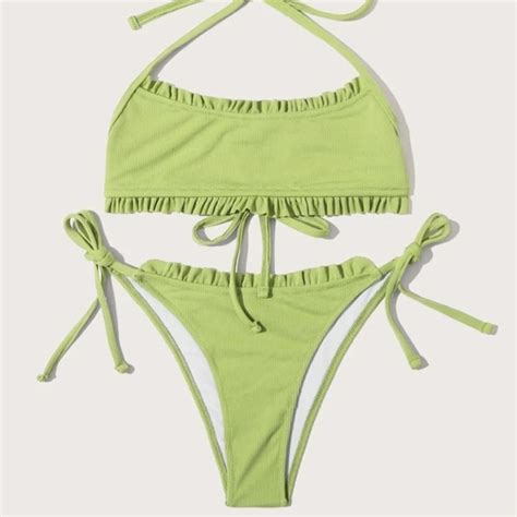 Green Rib Frill Halter Tie Bikini Swimsuit Size S Depop