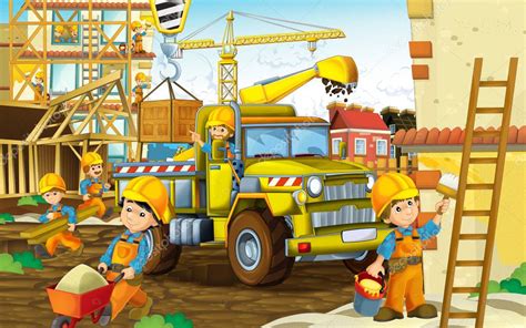 Cartoon Scene Workers Construction Site Builders Doing Different Things
