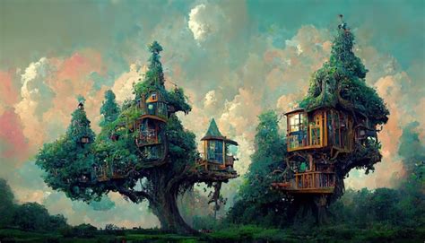 Premium Ai Image Tree House Fantasy Illustration