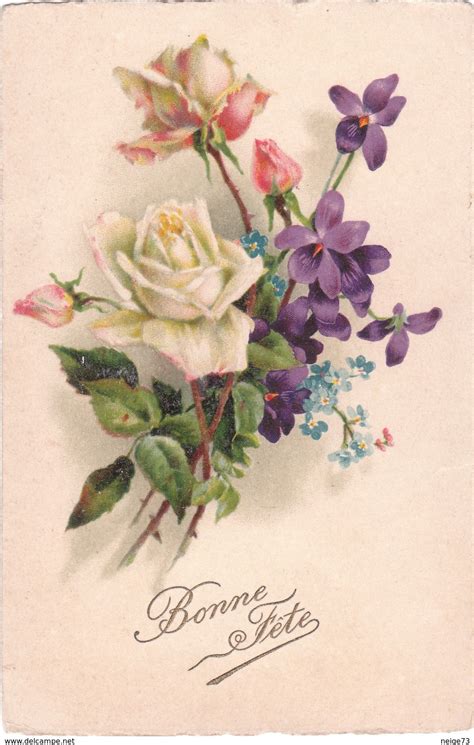 Carte Postale Ancienne Fantaisie Fleurs Roses Violettes Bonne