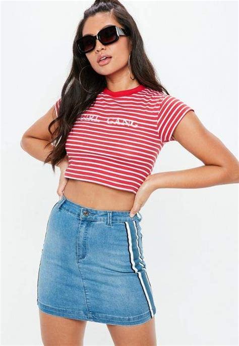 Missguided Red Graphic Embroidered Striped Crop Top Striped Crop Top Denim Skirt Outfits