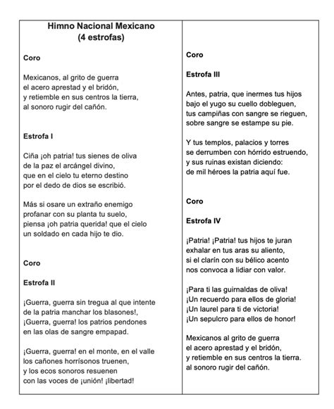 Letra Himno Nacional Mexicano Para Imprimir
