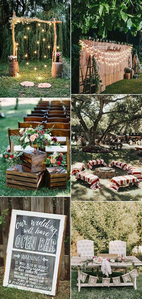 An Outdoor Wedding With Wooden Benches And Tables