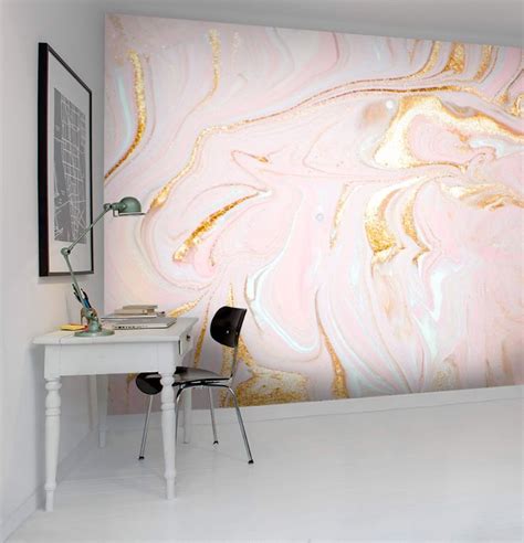 3d Marble Texture Wallpaper Pink Wall Mural Gold Swirl Wall Etsy