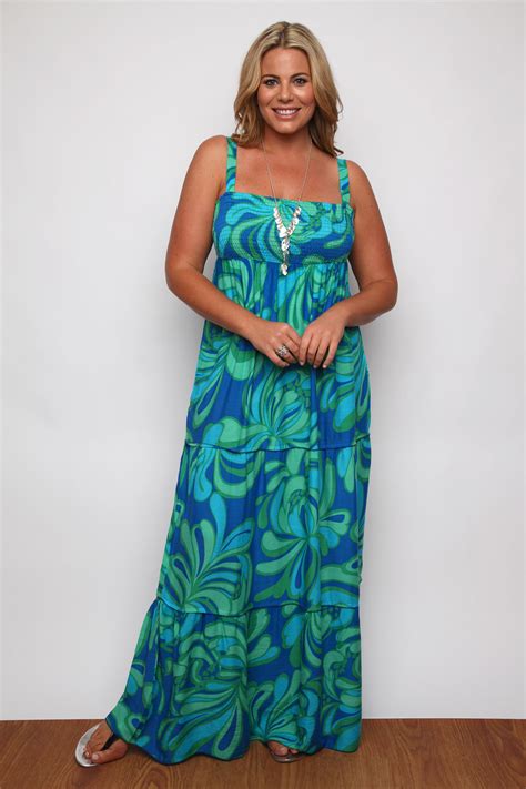 Blue And Green Abstract Swirl Print Bandeau Maxi Dress Plus Size 1618