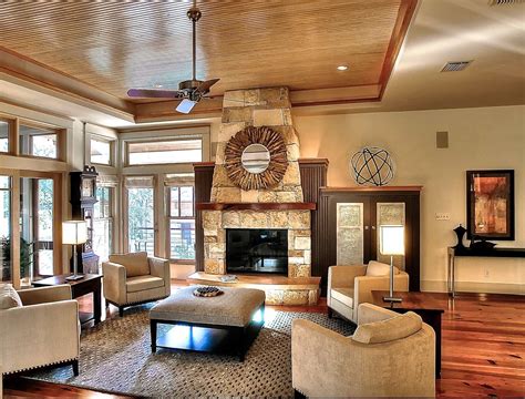 Tray Ceiling And Stone Fireplace For Modern Living Room 50436 House