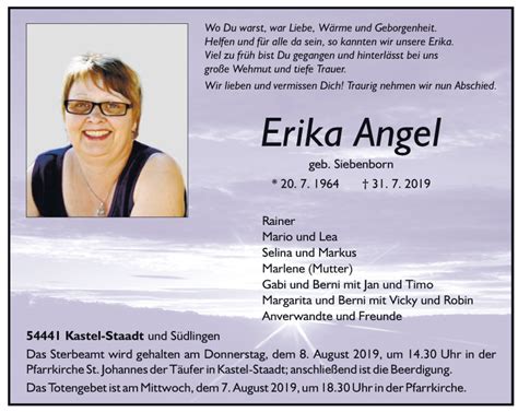 Traueranzeigen Von Erika Angel Volksfreundtrauerde