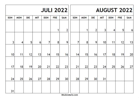 Kalender Juli August 2022 Two Month Calendar 2022
