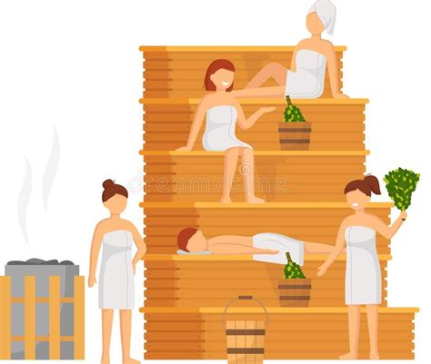 Sauna And Steam Room Set Of People In Sauna People Relax And Steam With Birch Brooms In Banya