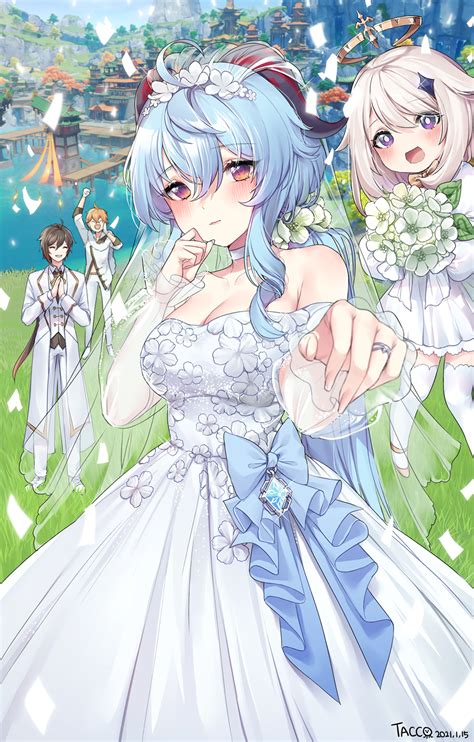 safebooru blue hair blue ribbon blush breasts bridal veil bride dress flower ganyu genshin
