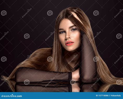 Woman With Beauty Long Brown Hair Beauty Woman With Living Coral Color