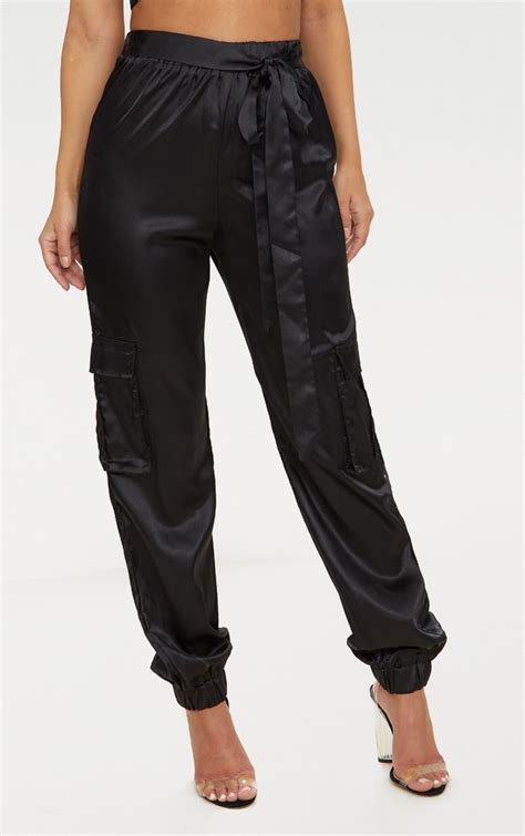 Petite Black Satin Cargo Trousers Cargo Pants Women Black Satin