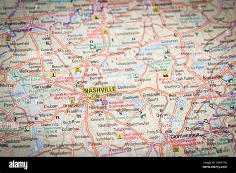 Closeup Of Nashville Tennessee On A Road Map Of The United States