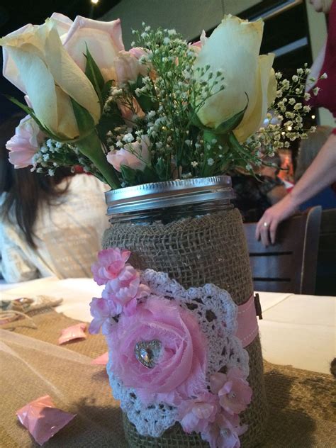 Baby Shower Girl Burlap Mason Jar Centerpiece With Flowers