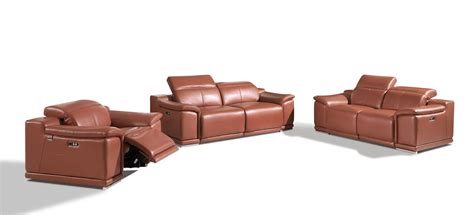 Camel Color Leather Power Reclining Sofa Set 3 Pcs Modern Global United