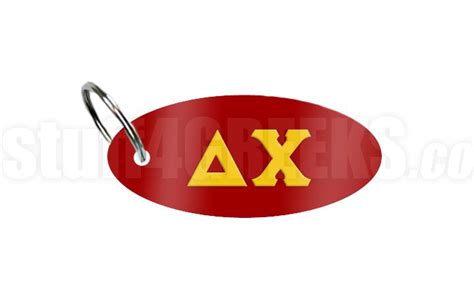 Delta Chi Key Chain With Gold Greek Letters On A Reflective Red