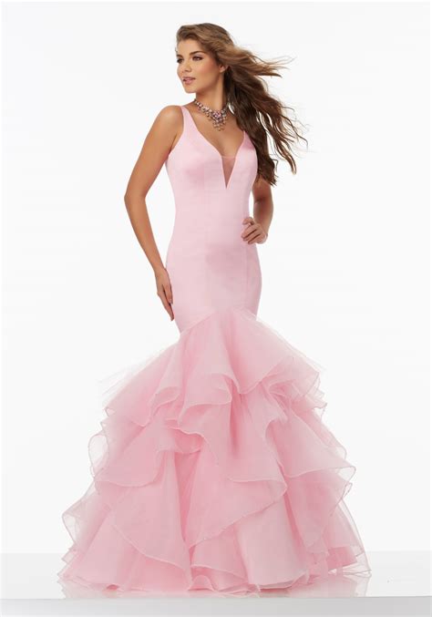 Bateau neckline 3/4 sleeve satin fit and flare wedding dress | kleinfeld bridal. Satin Mermaid Prom Dress with Illusion Neckline | Style ...