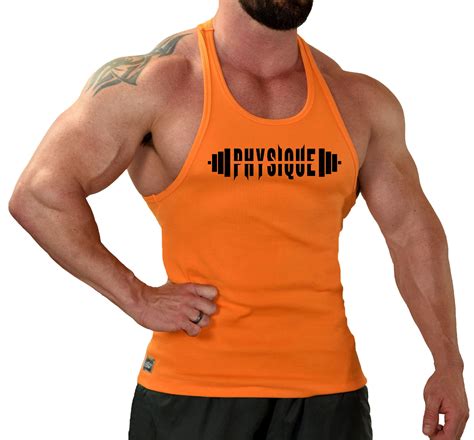 Stringer Tank Top In Solid Orange With Physique Barbell In Black