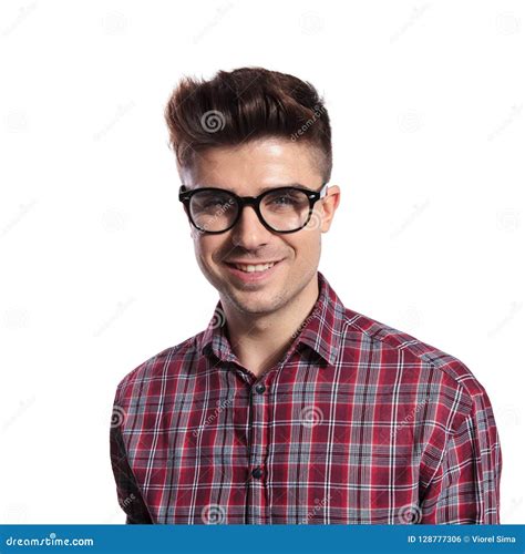 Portrait Of Handsome Nerd With Sunglasses And Plaid Shirt Smiling Stock
