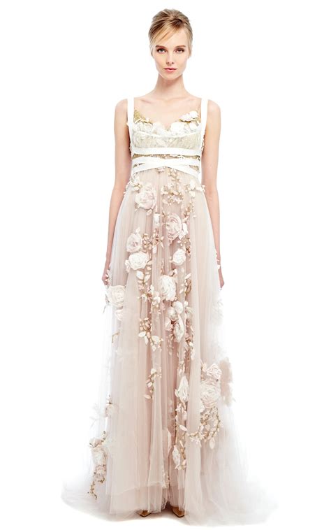 Lyst Marchesa 3d Silk Ribbon Rose Empire Waist Gown In Natural