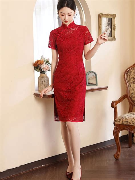 Wine Red Lace Midi Engagement Qipao Cheongsam Dress Cozyladywear