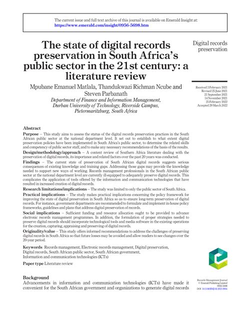 Pdf The State Of Digital Records Preservation In South Africas