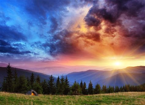 Scenery Mountains Sky Sunrises And Sunsets Grass Fir Nature Wallpaper
