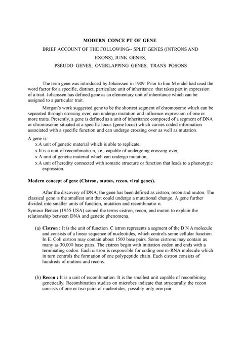 Gene Concept Lecture Notes 1 3 Modern Conce Pt Of Gene Brief
